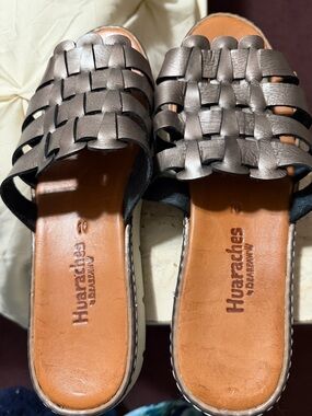 Metallic Gray Woven Slide Sandals - Women